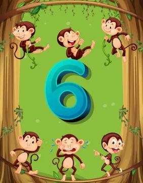 Number six with 6 monkeys on the tree Illustrazione stock