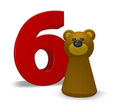 Number six and brown bear - 3d illustration Illustrazione stock