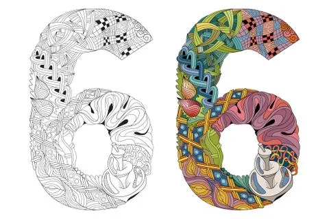Number six zentangle for coloring. Vector decorative object Illustrazione stock