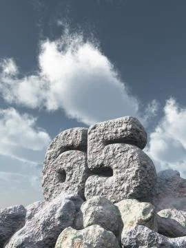 Number sixty five rock under cloudy blue sky - 3d illustration Illustrazione stock