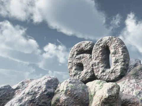 Number sixty rock under cloudy blue sky - 3d illustration Stock Illustration