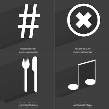 Number, Stop, Fork and knife, Note icon sign. Set of Symbols with Flat design Illustration