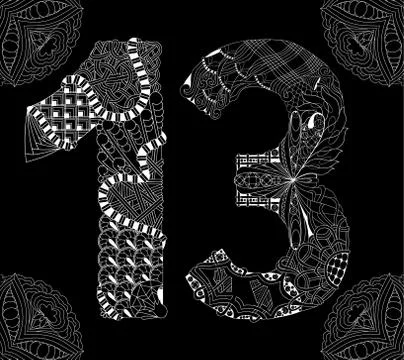 Number thirteen Zentangle on a black background. Vector decorative object Stock Illustration