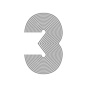 Number three 3 Line Art in black thin lines striped isolated on white backg.. Stock Illustration