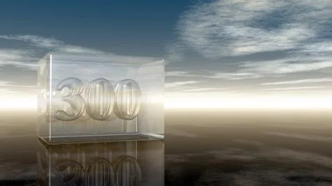 Number three hundred in glass cube under cloudy sky - 3d rendering Illustrazione stock