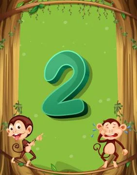 Number two with 2 monkeys on the tree Illustrazione stock
