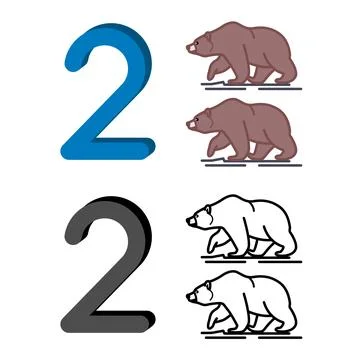 Number Two and Bears. Color and Line Vector Illustrations. Number 2 for Pre.. Stock Illustration