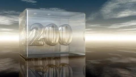 Number two hundred in glass cube under cloudy sky - 3d rendering Stock Illustration