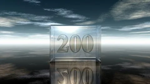 Number two hundred in glass cube under cloudy sky - 3d rendering Illustrazione stock