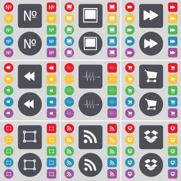 Number, Window, Rewind, Pulse, Shopping cart, Frame, RSS, Dropbox icon symbol. A Stock Illustration