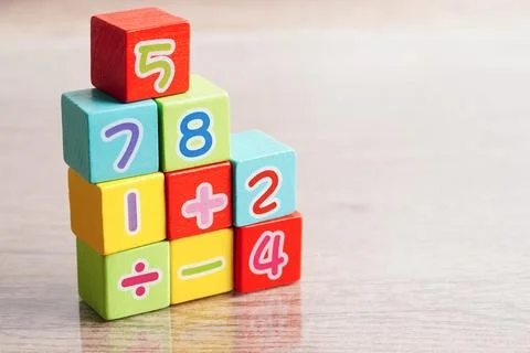 Number wood block cubes for learning Mathematic, education math concept. Stock Photos