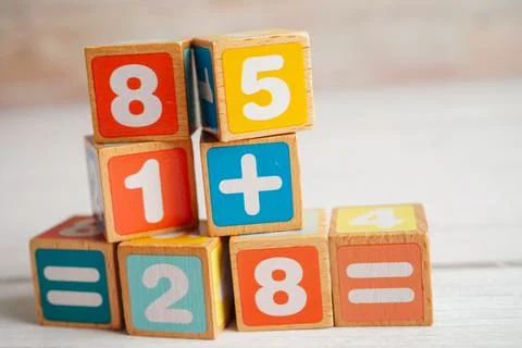 Number wood block cubes for learning Mathematic, education math concept. Stock Photos