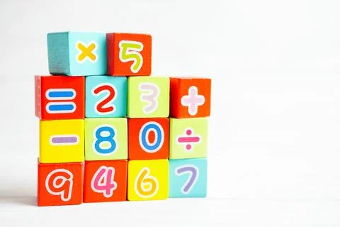 Number wood block cubes for learning Mathematic, education math concept. Stock Photos