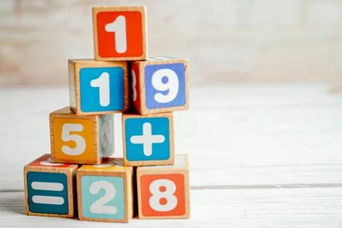 Number wood block cubes for learning Mathematic, education math concept. Stock Photos