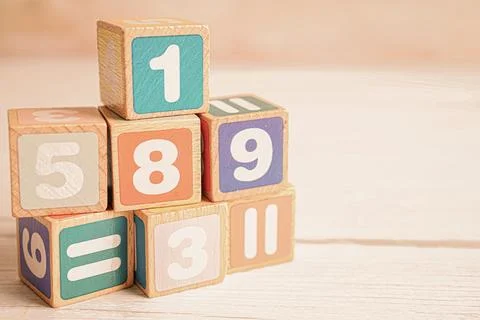 Number wood block cubes for learning Mathematic, education math concept. Stock Photos