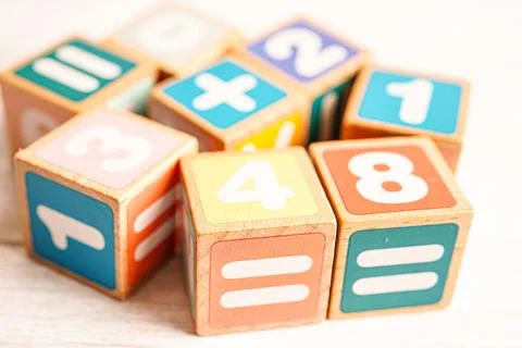 Number wood block cubes for learning Mathematic, education math concept. Stock Photos