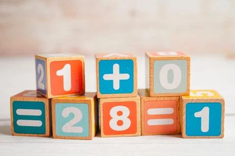 Number wood block cubes for learning Mathematic, education math concept. Stock Photos