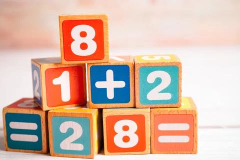 Number wood block cubes for learning Mathematic, education math concept. Stock Photos