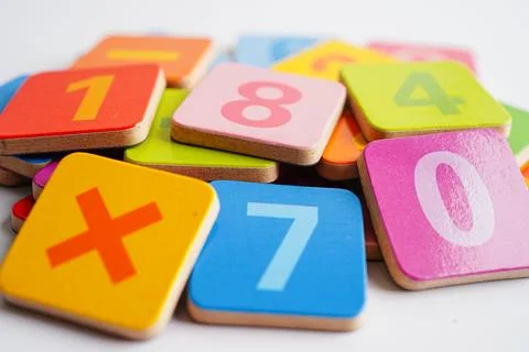 Number wood block cubes for learning Mathematic, education math concept. Stock Photos