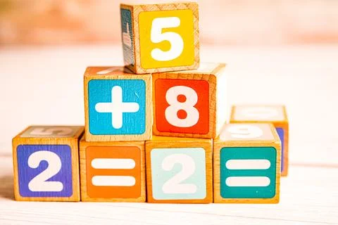 Number wood block cubes for learning Mathematic, education math concept. Stock Photos