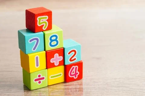 Number wood block cubes for learning Mathematic, education math concept. Stock Photos
