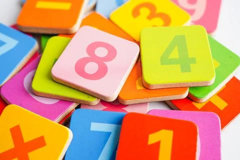 Number wood block cubes for learning Mathematic, education math concept. Stock Photos