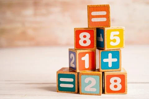 Number wood block cubes for learning Mathematic, education math concept. Stock Photos