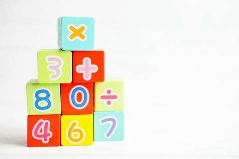 Number wood block cubes for learning Mathematic, education math concept. Stock Photos