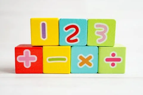 Number wood block cubes for learning Mathematic, education math concept. Stock Photos