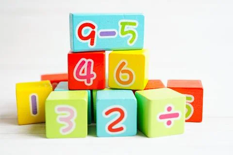 Number wood block cubes for learning Mathematic, education math concept. Stock Photos