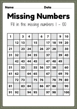 Number worksheets, missing numbers 1 to 100 printable sheet for preschool Stock Illustration