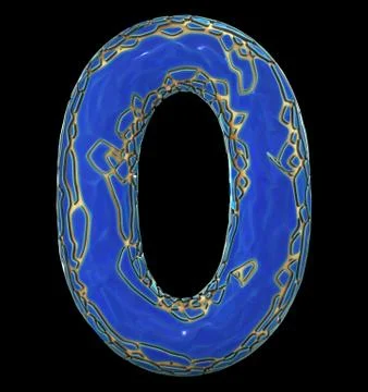 Number zero 0 made of golden shining metallic with blue paint isolated on black Stock Illustration