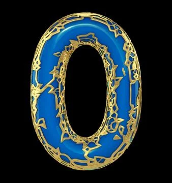 Number zero 0 made of golden shining metallic with blue paint isolated on black Stock Illustration