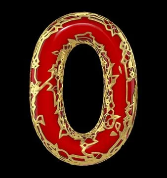 Number zero 0 made of golden shining metallic with red paint isolated on black Stock Illustration