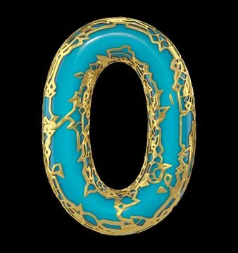 Number zero 0 made of golden shining metallic with blue paint isolated on black Stock Illustration