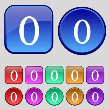 Number zero icon sign. Set of coloured buttons. Stock Illustration
