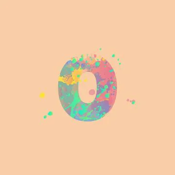 Number zero with multicolored mixed spots of pink, yellow, blue, turquoise paint Stock Illustration
