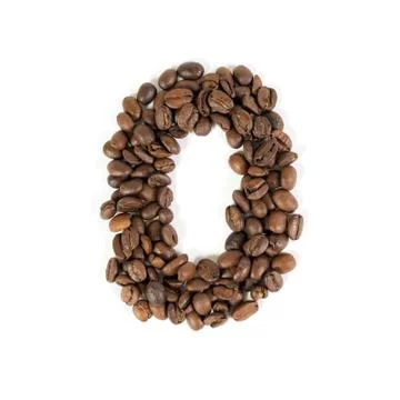 The number zero from roasted coffee beans.white background. Stock Photos