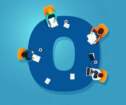 Number zero. Team works together at a table in the shape of the number 0 Stock Illustration