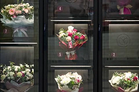 Numbered bouquets in vending display Stock Photos