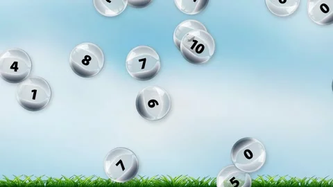 Numbered Glass Spheres Falling Over Green Grass and Blue Sky Stock Footage 339382637