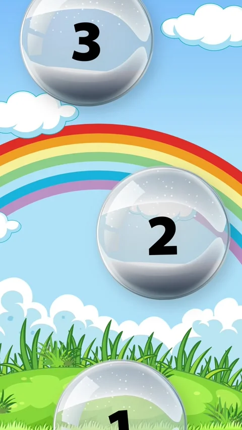 Numbered Glass Spheres Falling Over Cartoon Rainbow and Meadow Background Stock Footage 340760397