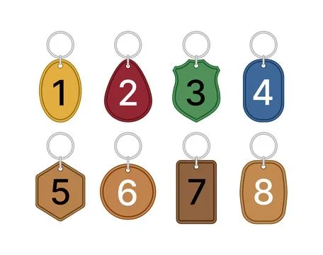 Numbered hotel key tag icon set with colorful keychain labels Stock Illustration
