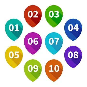 Numbered pin marker for gps map flat icons set Stock Illustration