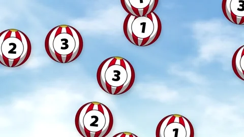 Numbered Red and White Striped Spheres Falling Through Cloudy Blue Sky Stock Footage 340259970