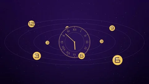 Numbered spheres orbiting a central dial like planets in a purple and gold Vídeos de archivo 348646896