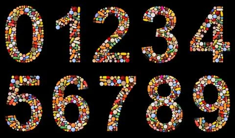 Numbers 0 to 9 made of assorted pills Stock Illustration