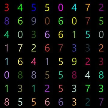 Numbers 0 to 9 randomly colored arranged randomly on an 8x8 grid cells whic.. Stock Illustration