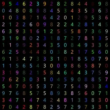 Numbers from 0 to 9 randomly colored arranged randomly on an 16x16 grid cel.. Stock Illustration