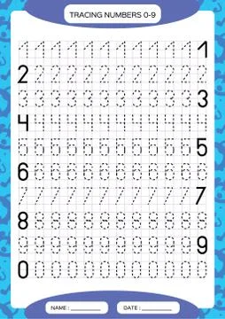 Numbers 0-9. Tracing Worksheet for kids. Preschool worksheet, practicing motor Stock Illustration